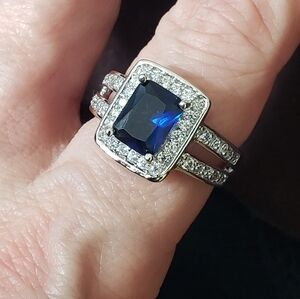 Sapphire & White Gemstones (Topaz), Ring, NWOT, Stamped Sterling, Faceted, Sz 9.